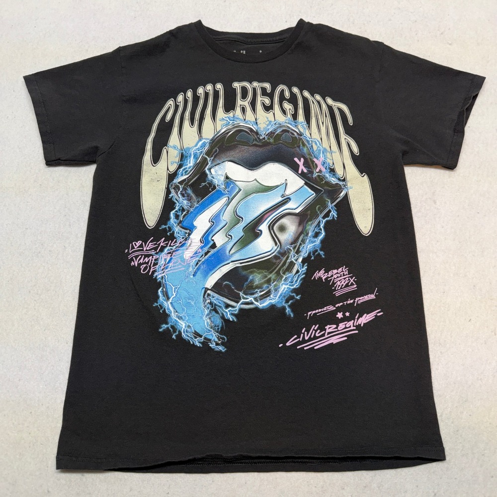 Civil Regime Mens Graphic T-Shirt Black Lightning Lips Streetwear Size M